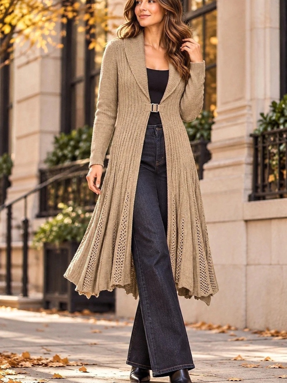 Berretti Made in Italy Taupe Flared Long Knit Cardigan Jacket Size Small (est.)